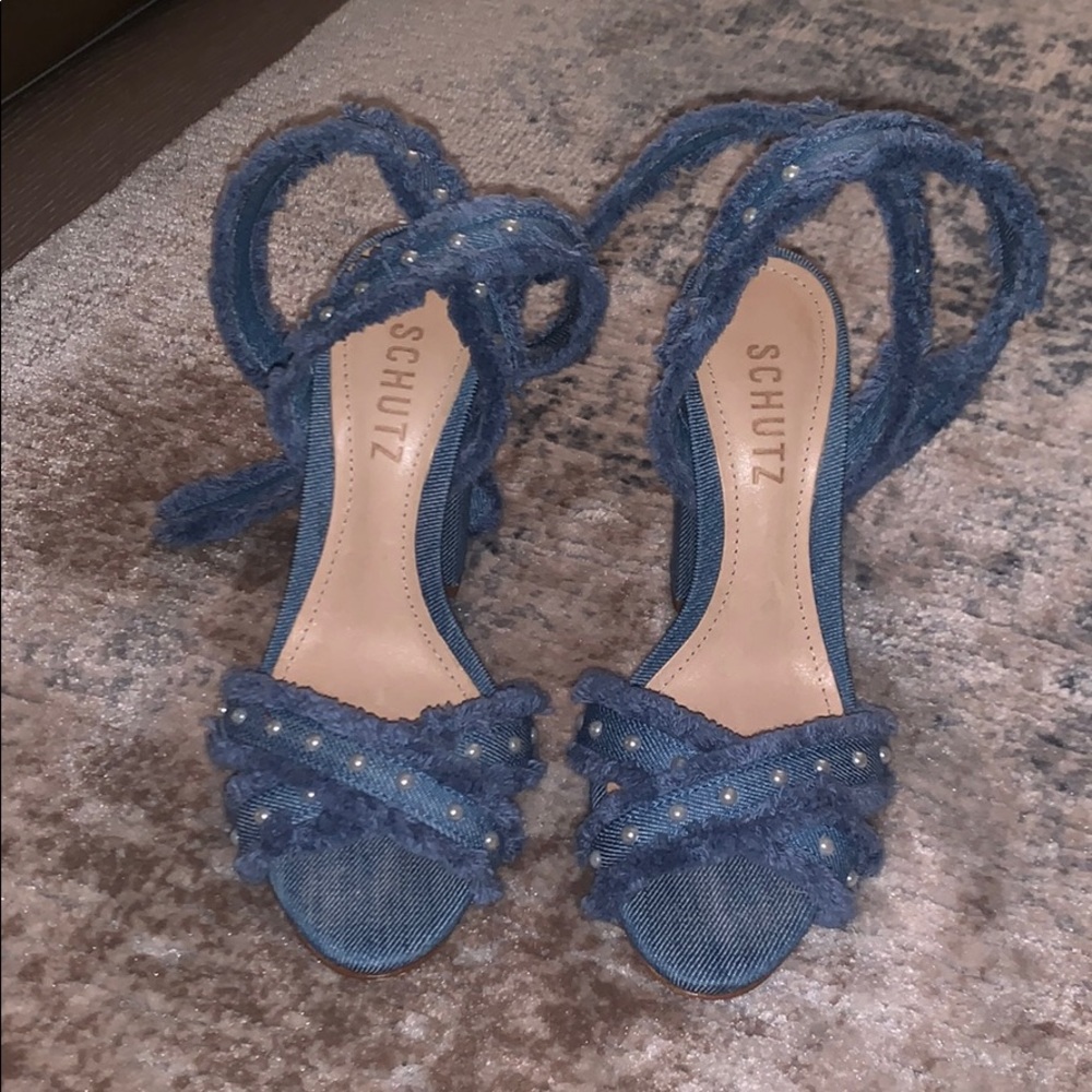 SCHUTZ Denim Ankle Wrap Sandal